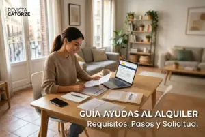 Mulher revisando documentos sobre auxílio aluguel na mesa