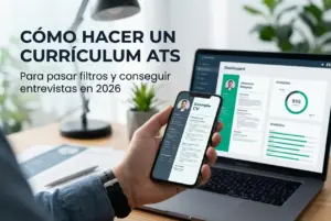 Laptop com análise de currículo e smartphone com CV mostrando habilidades e experiências em 2026