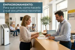 Mulher e homem discutindo documentos em um balcão de atendimento