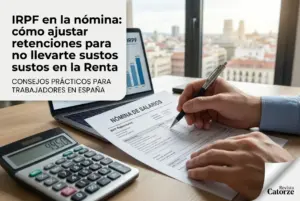 Pessoa analisando folha de pagamento com IRPF no laptop