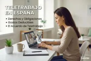 Mulher em home office com tópicos sobre teletrabalho na Espanha