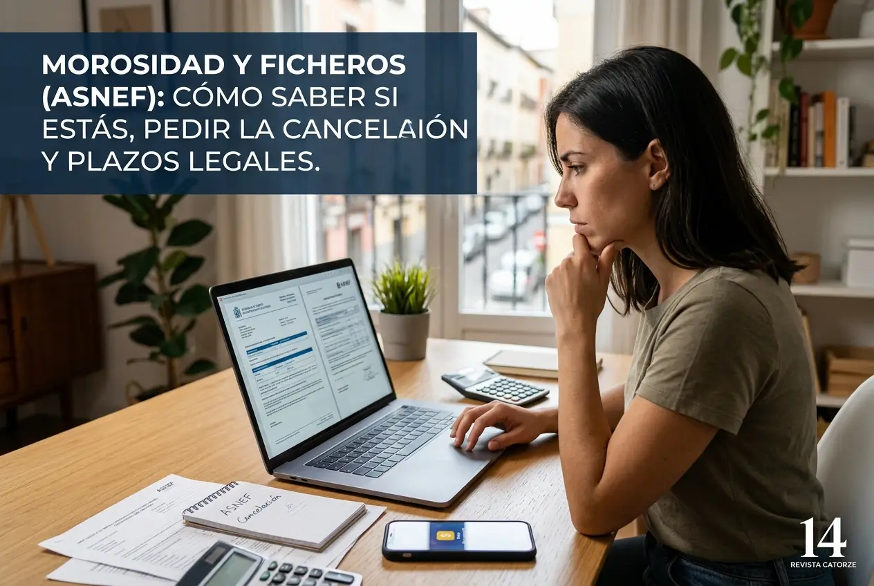 Mulher em home office focada em documentos ASNEF