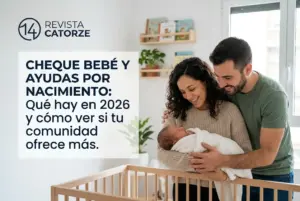 Casal feliz com bebê em quarto acolhedor, verifique benefícios 2026