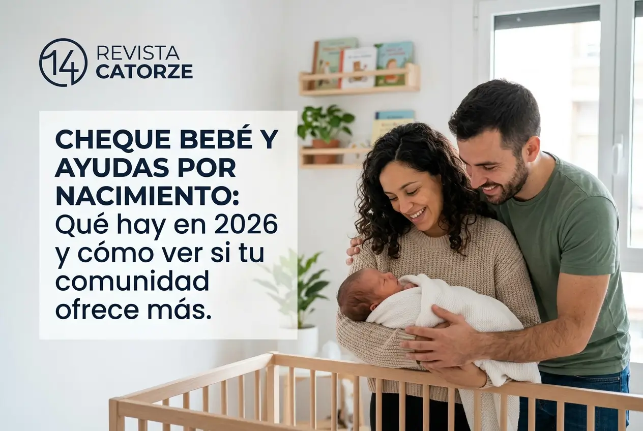 Casal feliz com bebê em quarto acolhedor, verifique benefícios 2026