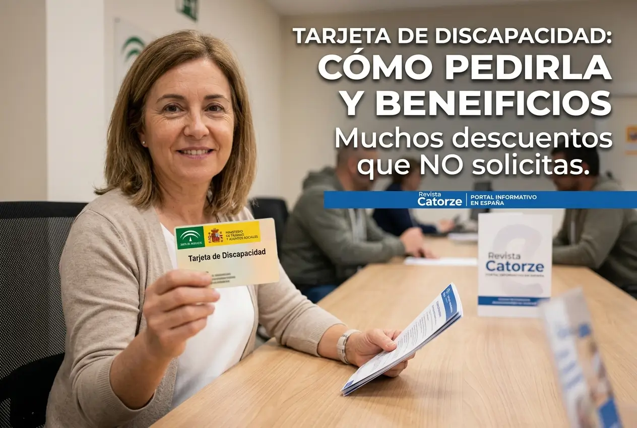 Mulher segurando 'Tarjeta de Discapacidad' em mesa de conferência