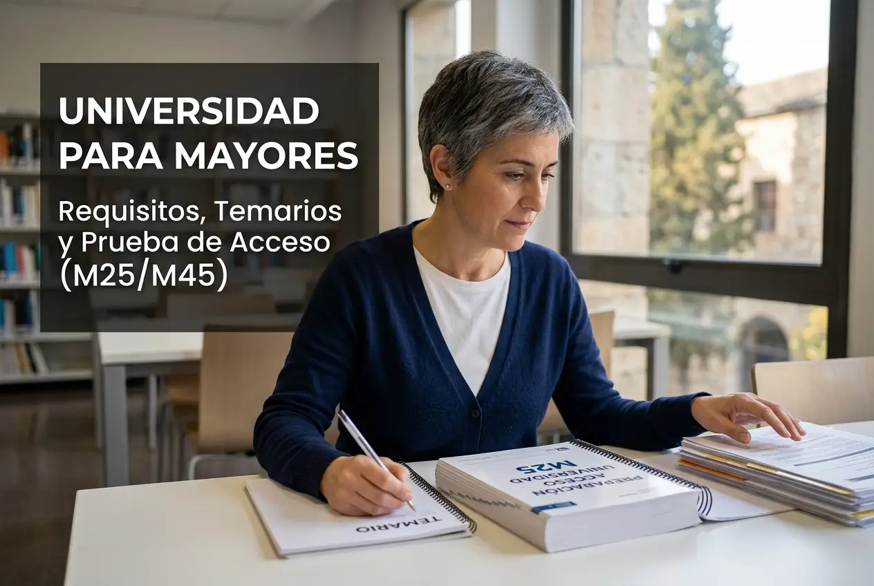 Mulher madura estudando com livros e papéis em universidade para maiores.